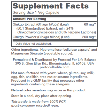 Гинкго Билоба, Ginkgo Biloba, Protocol for Life Balance, 60 мг, 60 веганских капсул